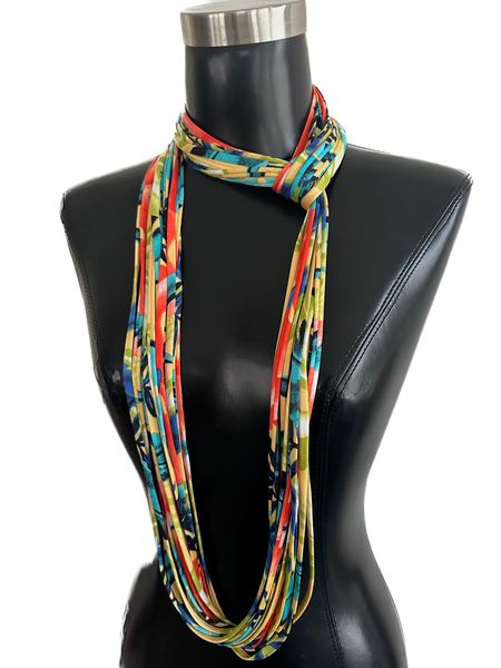 Yellow Floral Print Scarf Necklace with Coral, and Blue- 'Paradise'
