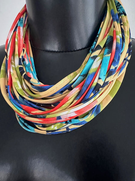 Yellow Floral Print Scarf Necklace with Coral, and Blue- 'Paradise'