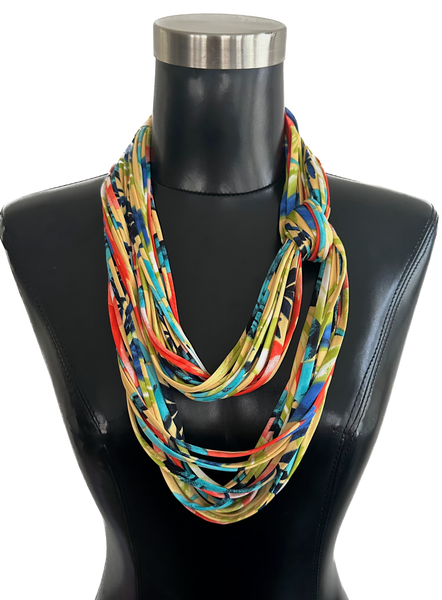 Yellow Floral Print Scarf Necklace with Coral, and Blue- 'Paradise'