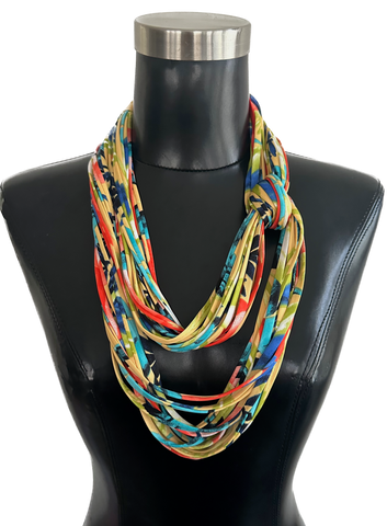 Yellow Floral Print Scarf Necklace with Coral, and Blue- 'Paradise'