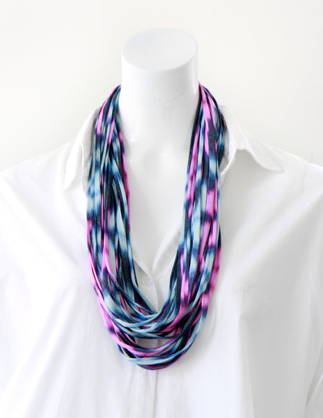 Ikat Print Infinity Scarf in Blue and Pink 'Sorbet'