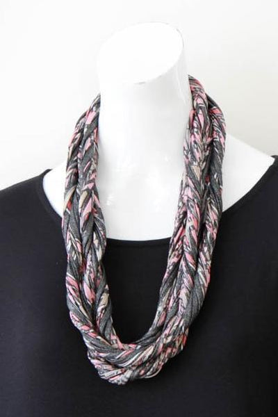 Infinity Scarf Necklace in Pink, Silver and Taupe 'Rose Quartz'